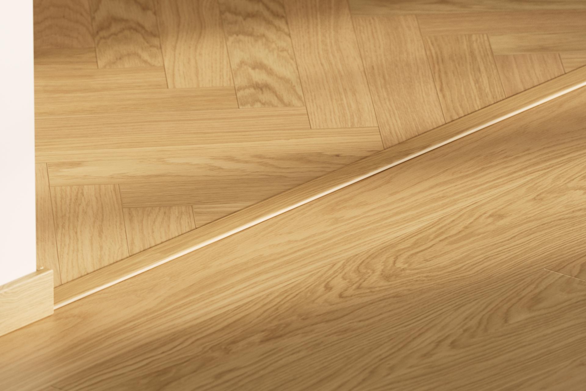 T-mould between Woodura Herringbone flooring and Woodura Planks flooring.